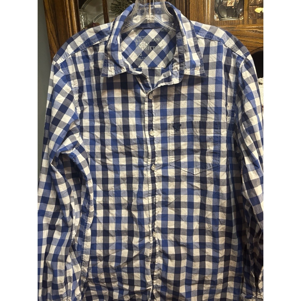 American Eagle Outfitters Men's‎ Button Long Sleeve Shirt Blue White Check Large